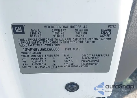 2012 Chevrolet Traverse 1Lt from USA, damaged, VIN 1GNKRGED6CJ393866